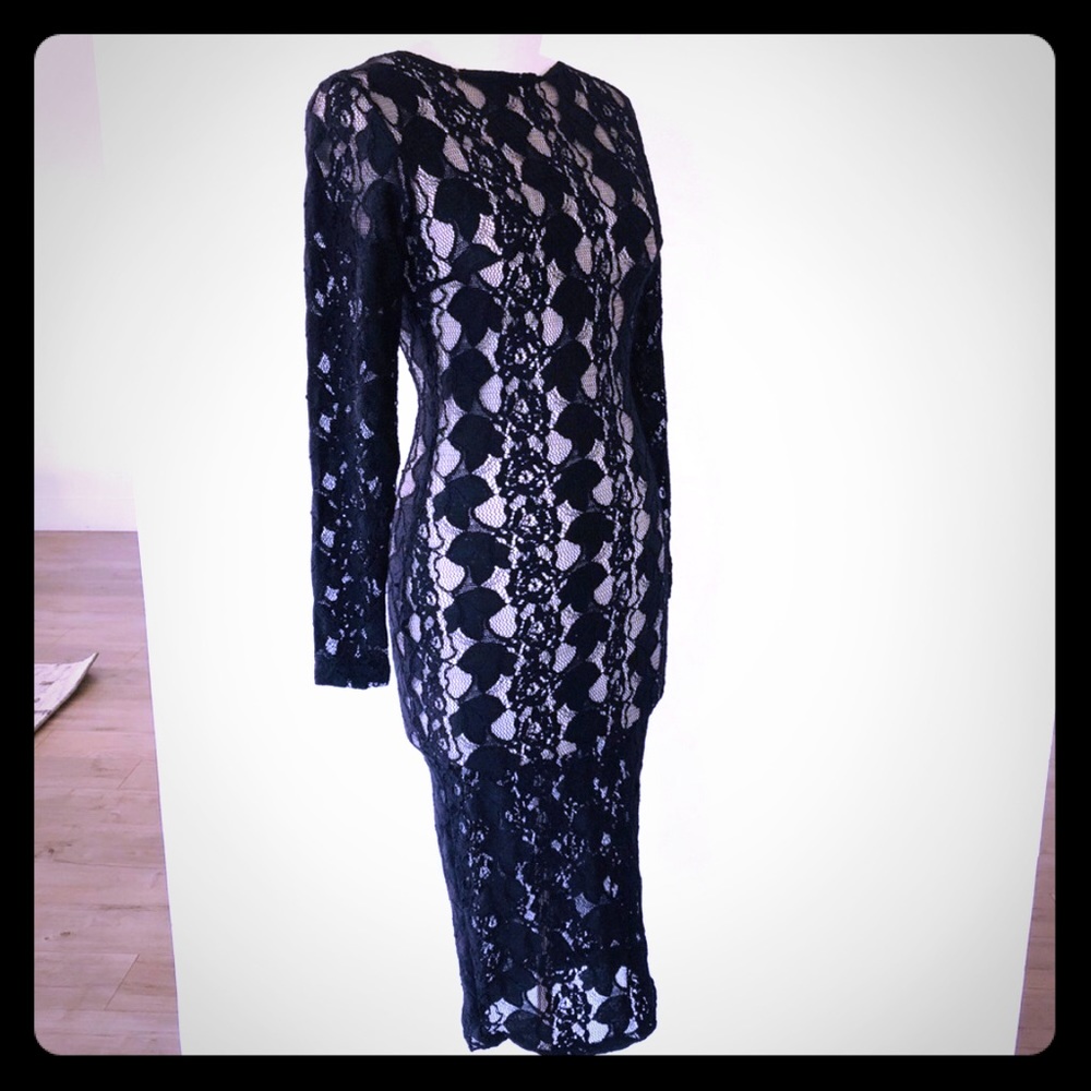 GOODTIME USA • LBD black lace bodycon midi dress